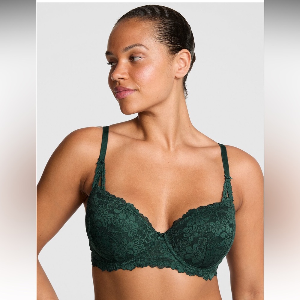 NWOT VS PINK Wink Dark Green Floral Push-Up Balconette Bra with Bow Details